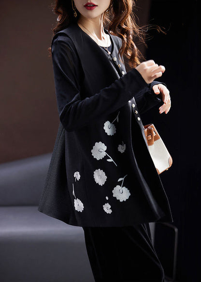Black O-neck Embroideried Button Cotton Waistcoat Sleeveless