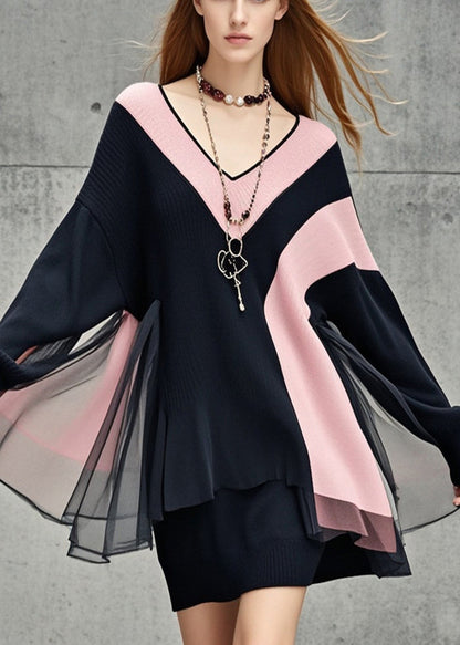 Black V Neck Patchwork Tulle Sweater Dress Fall
