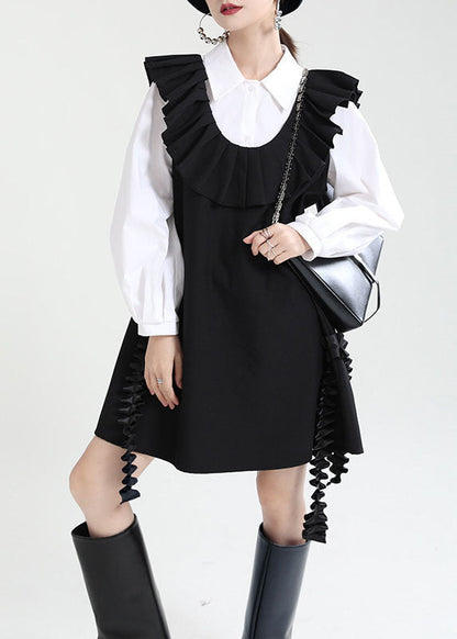 Black U Neck Patchwork Ruffles Fall Dress Sleeveless