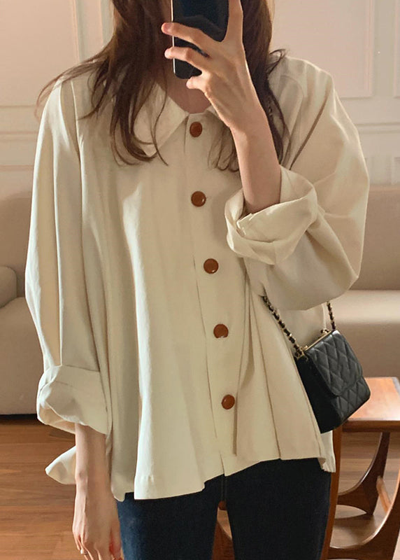 Beige Peter Pan Collar Cotton Loose Shirt Top Spring