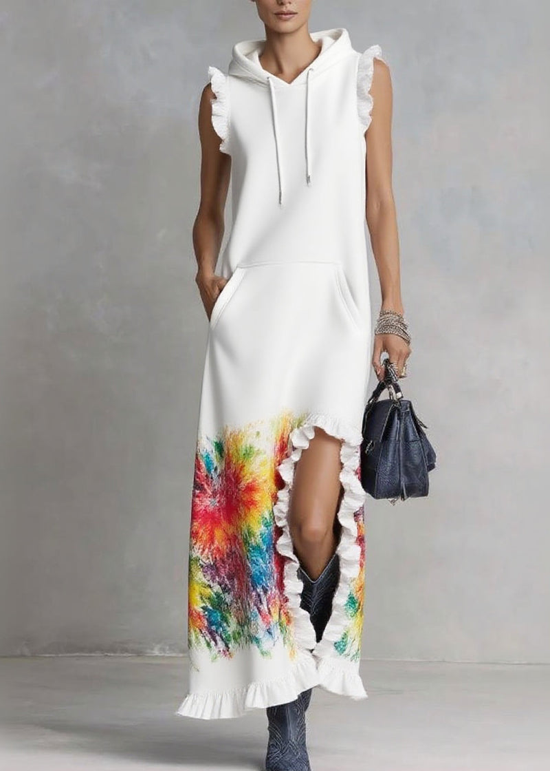 White Ruffled Print Drawstring Vacation Hooded Dresses Summer