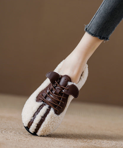 Lace Up Splicing Flat Feet Shoes Beige Fuzzy Fur