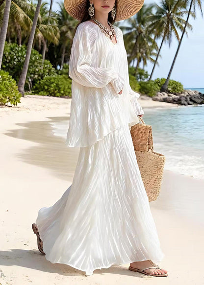 White Wrinkled Top and Skirts Silk Two Piece Suit Set Spring