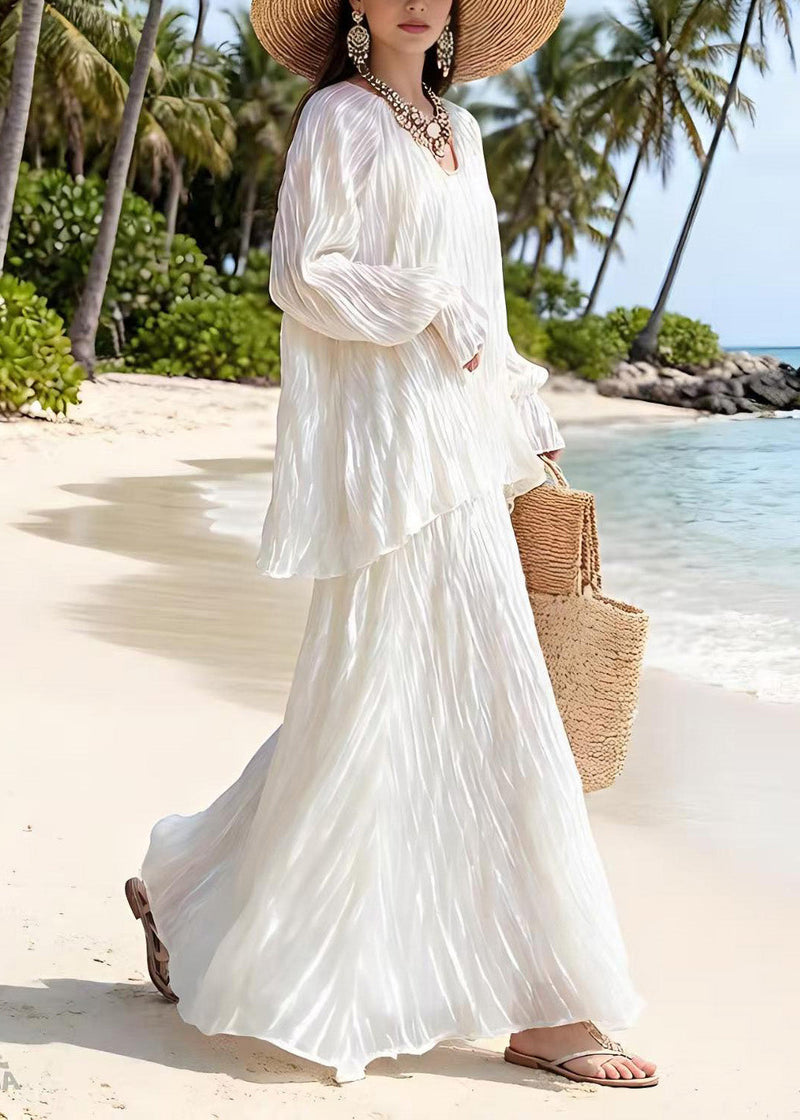 White Wrinkled Top and Skirts Silk Two Piece Suit Set Spring