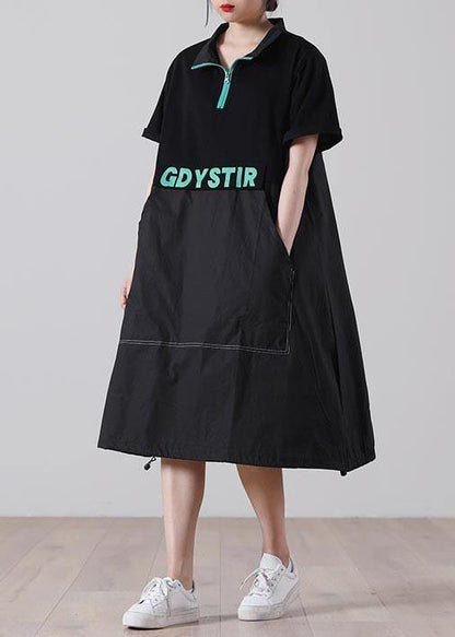Handmade Black Graphic Zippered Holiday Summer Cotton Dress