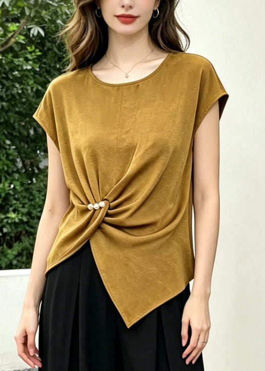 Khaki Asymmetrical Cotton Silk Two Piece Set Clothing Summer