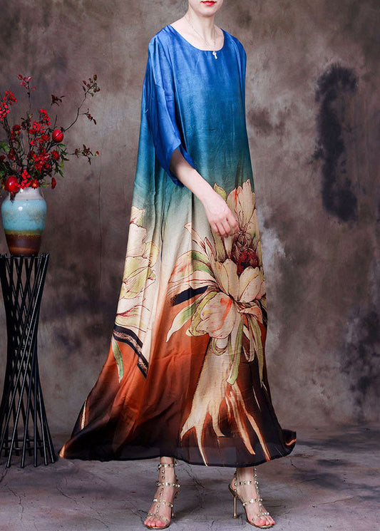 French Blue Gradient Color O-neck Print Layered Silk Vacation Dress Half Sleeve