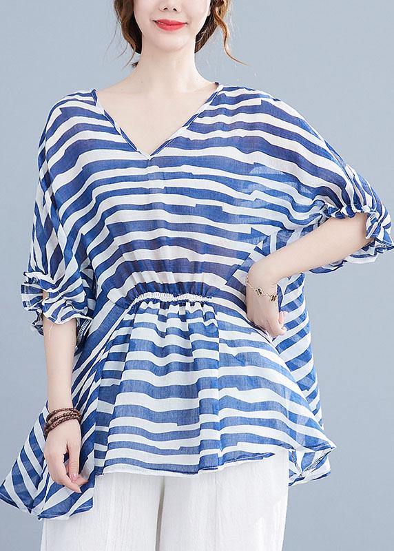 Diy Blue Loose Flare Sleeve V Neck Summer Shirts