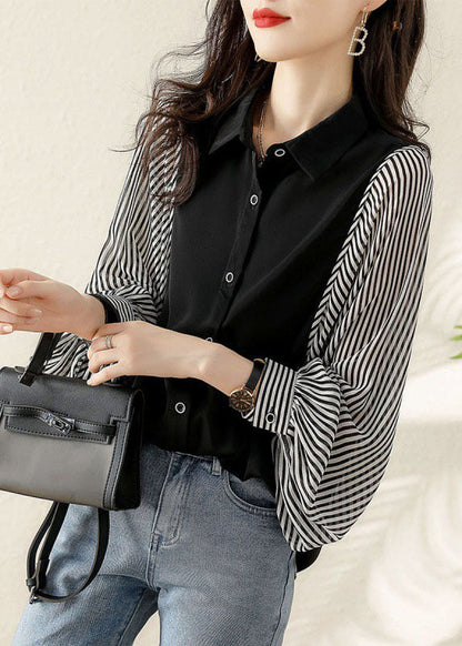 Modern Black Button Peter Pan Collar Striped Patchwork Shirt Top Long Sleeve