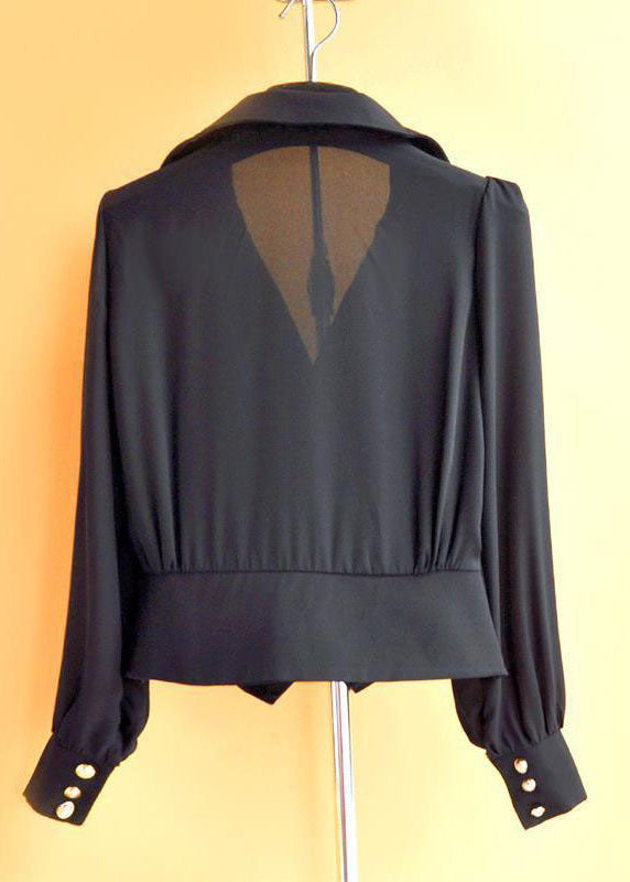 Black Peter Pan Collar Patchwork Wrinkled Chiffon Shirt Tops Long Sleeve