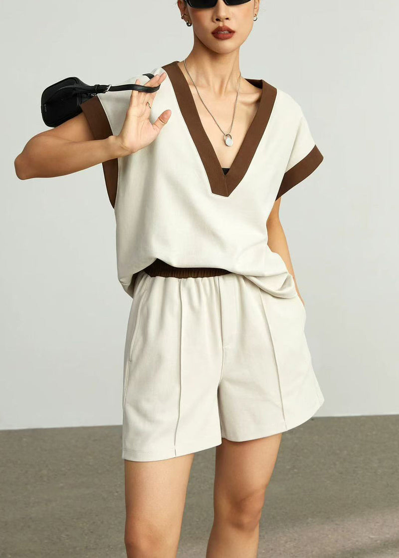 Coffee V Neck Elastic Waist Cotton Two Pieces Set Summer