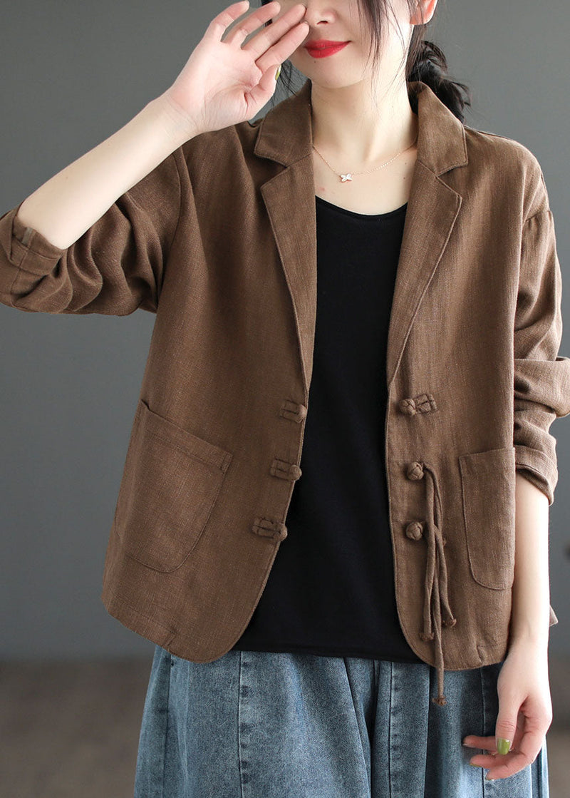 Brown Tasseled Button Pockets Patchwork Linen Coats Fall