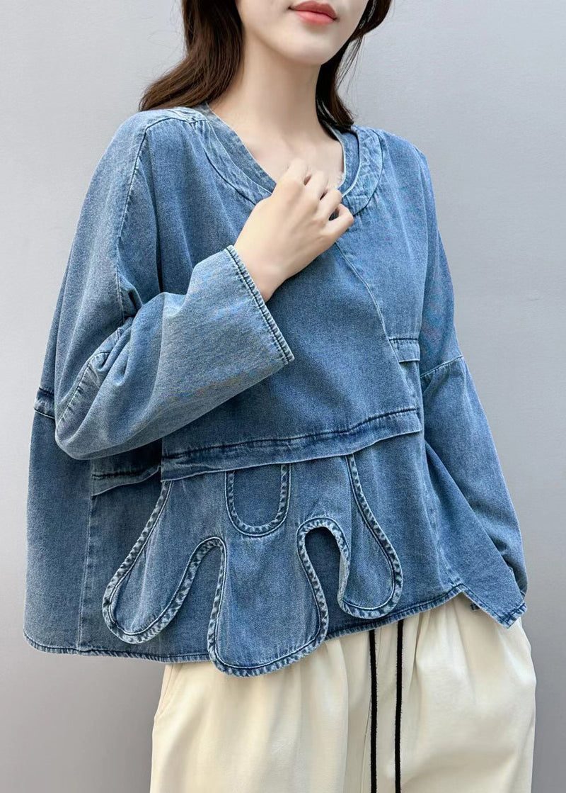 Blue Asymmetrical Patchwork Denim Shirt Tops Fall