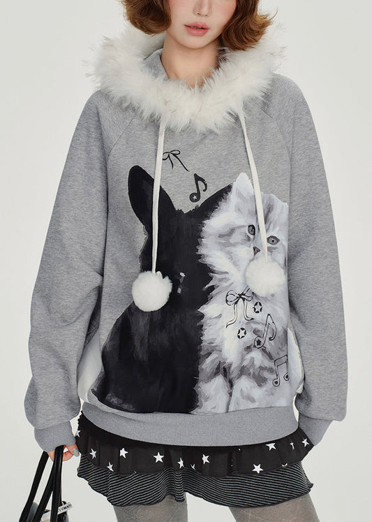 Italian Grey Hooded Print Cotton Pullover Winter