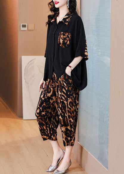 Leopard Button Pockets Chiffon Sets 2 Pieces Half Sleeve