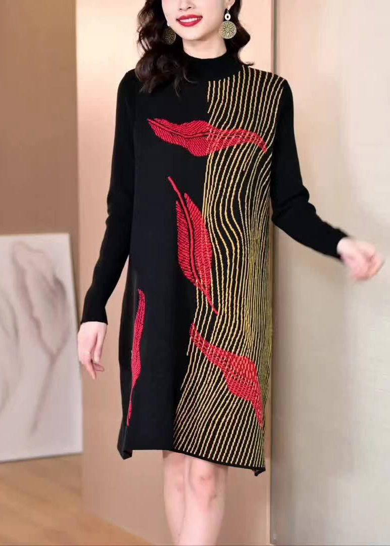 Black Asymmetrical Cozy Cotton Knit Mid Dress Winter