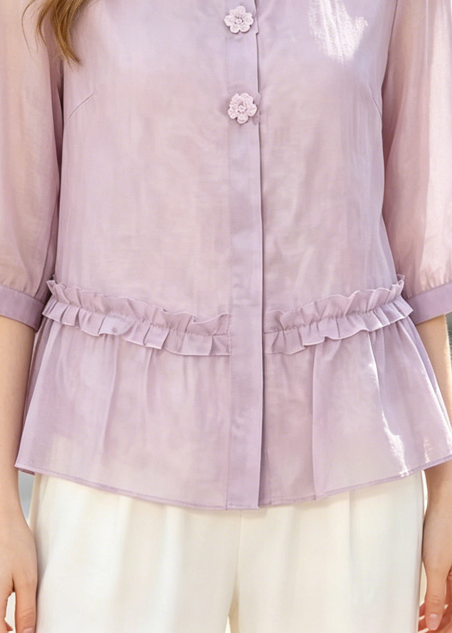 Art Purple Ruffled Cotton Shirt Half Sleeve