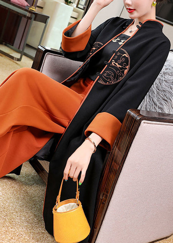 Black Stand Collar Embroideried Patchwork Cotton Two Piece Set Outfits Fall