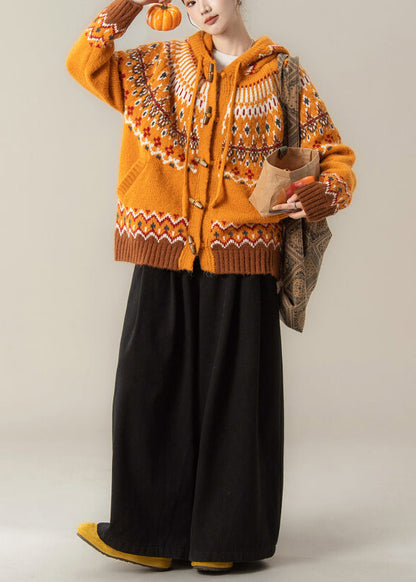 Stylish Orange Jacquard Hooded Knit Coat and Wide Leg Pants Two Pieces Set Spring