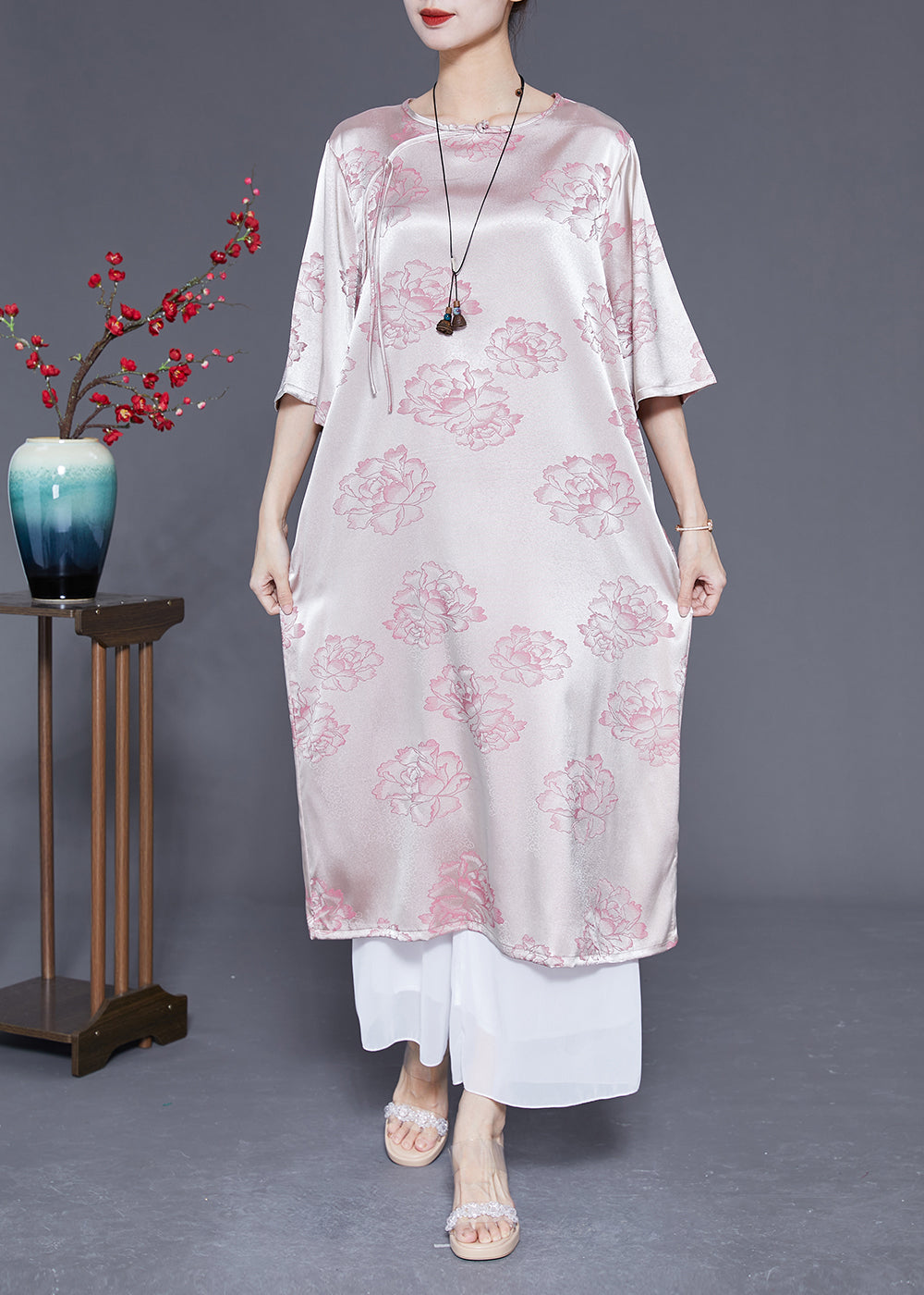 Pink O-neck Print Tassel Silk Long Dress Half Sleeve
