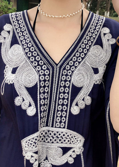 Italian Blue Embroideried Side Open Kimono Robe Maxi Dresses Summer Cotton