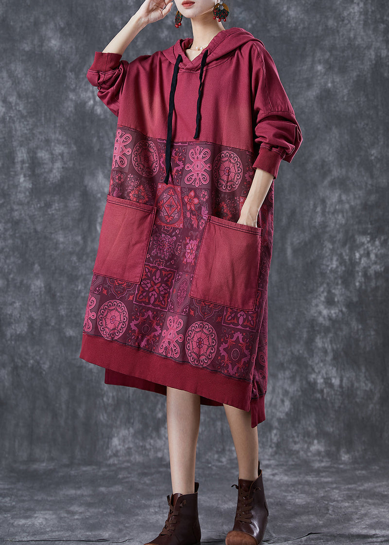 Mulberry Hooded Patchwork Pockets Cotton Sweatshirt Dress Fall