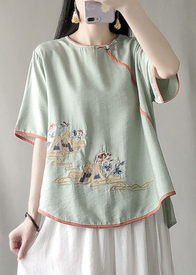 Diy Green Embroideried Chinese Button Cotton Shirt Summer