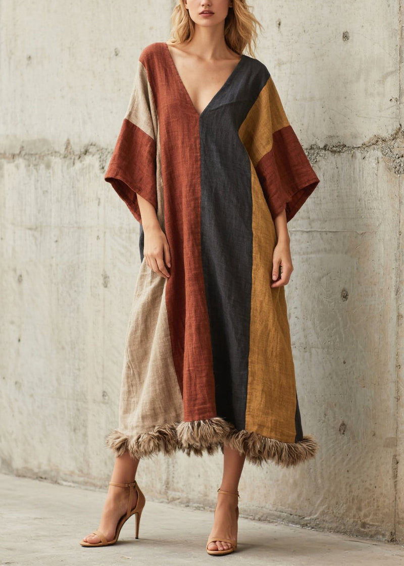Fitted Colorblock Oversized Patchwork Faux Fur Maxi Dress Batwing Sleeve