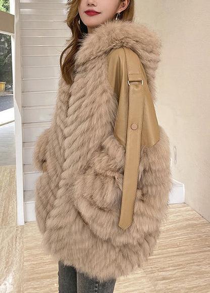 French Khaki Hooded Pockets Patchwork Leather and Fur Coats Winter