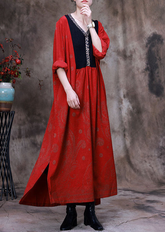 Red Asymmetrical Print Velour Robe Dresses Spring