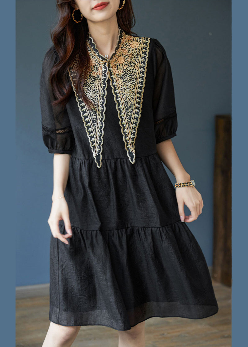Black Patchwork Cotton Mid Dress Puff Sleeve