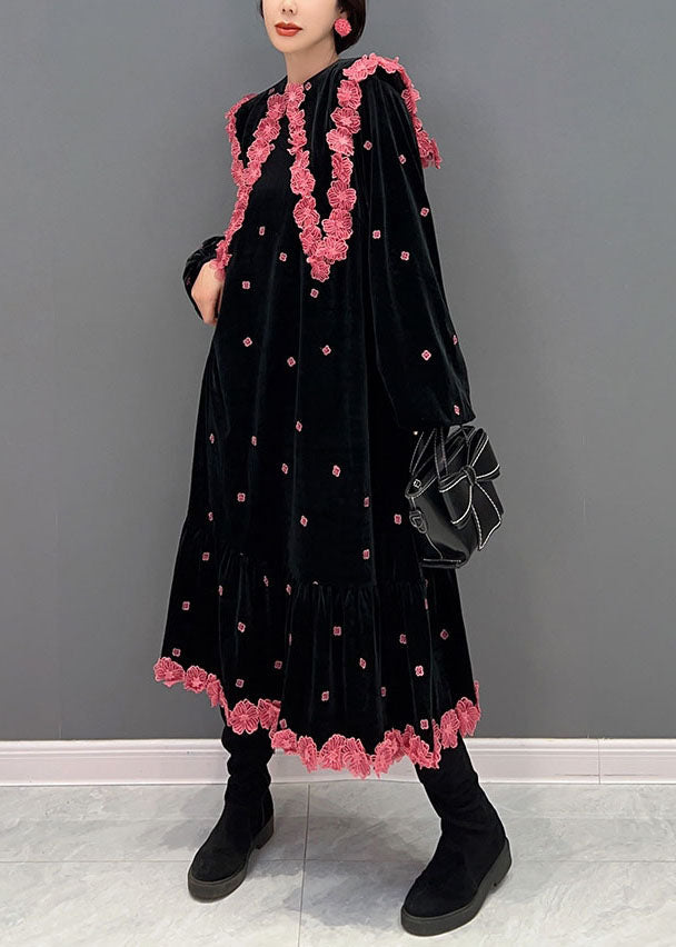 French Black O Neck Silk Velour Maxi Dress Winter