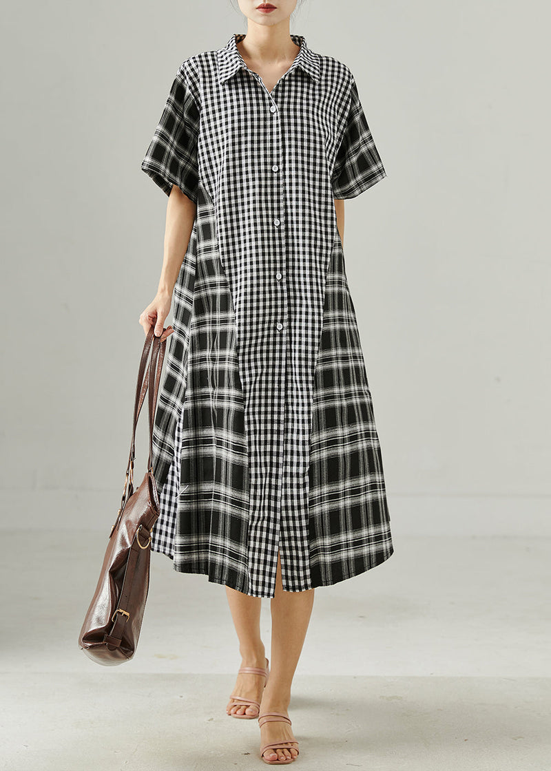 Grey Oversized Patchwork Plaid Linen Robe Dresses Summer