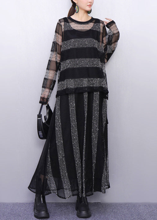 Heer Elegance Black and Silver Striped Knit Two Pieces Set