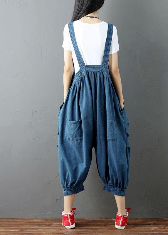 Blue Pockets Button Fall Cotton Romper