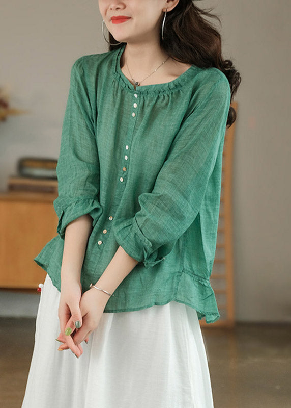 Green Patchwork Ruffles Linen Blouses Long Sleeve