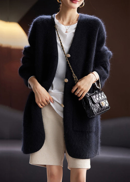 Black Button Pockets Cotton Knit Cardigan Long Sleeve