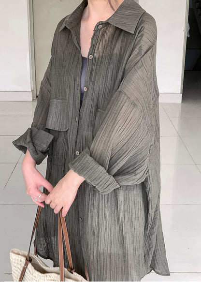 Army Green Button Patchwork Cotton Long Top Fall