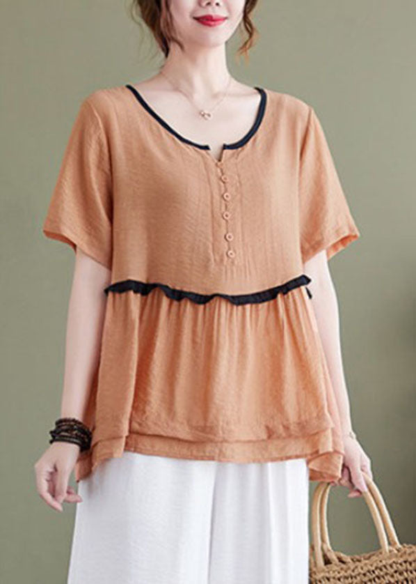 Orange O-neck Patchwork Linen Tops and Wide Leg Pants Two Pieces Set Summer