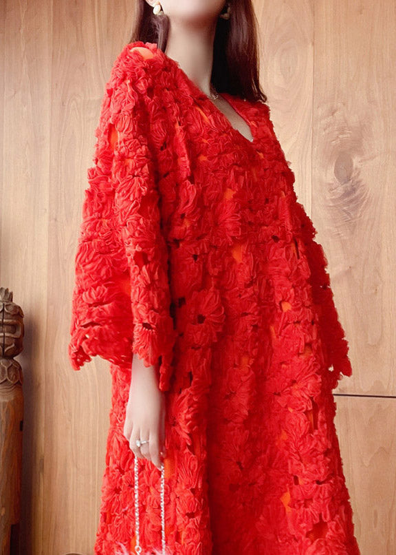 Stylish Red V Neck Hollow Out Lace Long Dress Flare Sleeve
