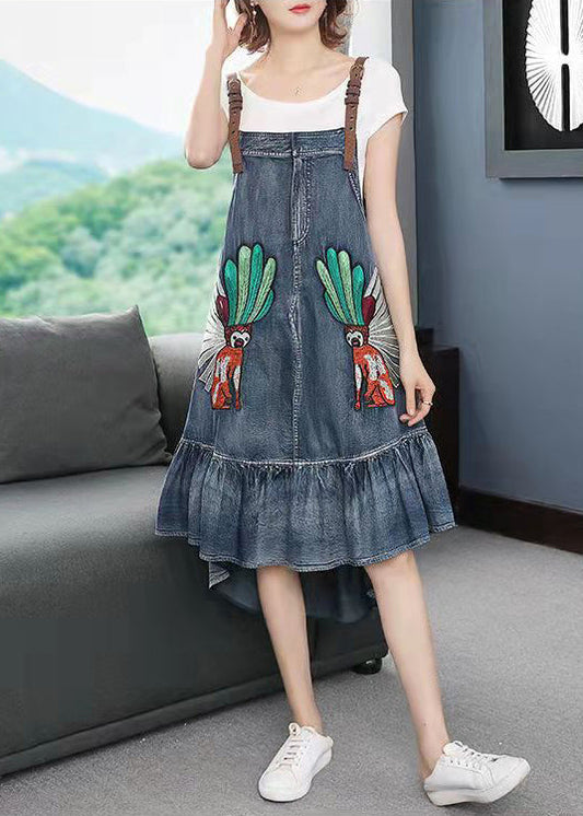 Blue Low High Design Embroideried Spaghetti Strap Party Dress Sleeveless