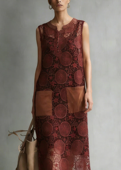 New Coffee Embroidered Hollow Out Lace Dresses Sleeveless Summer