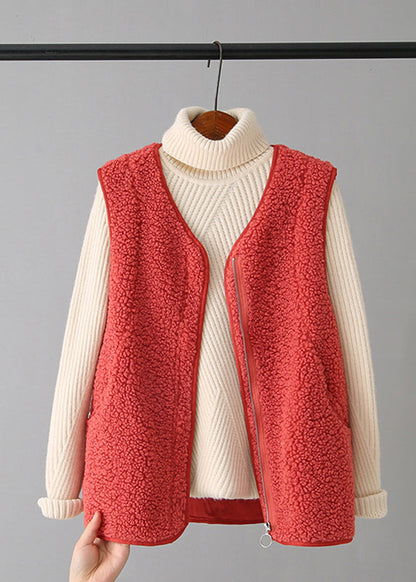 Coffee V Neck Zippered Faux Fur Waistcoat Fall