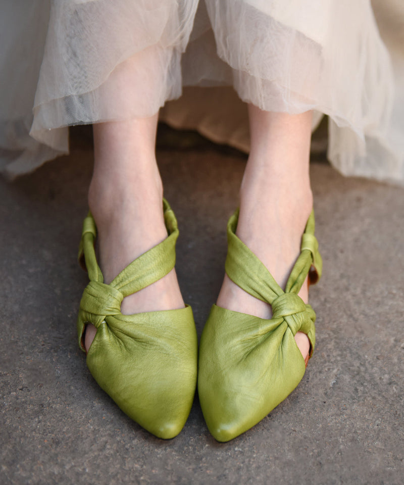 Green Cowhide Leather Hollow Out Flat Sandals Pointed Toe
