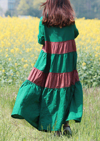 Green O-neck Button Patchwork Vacation Dresses Long Sleeve