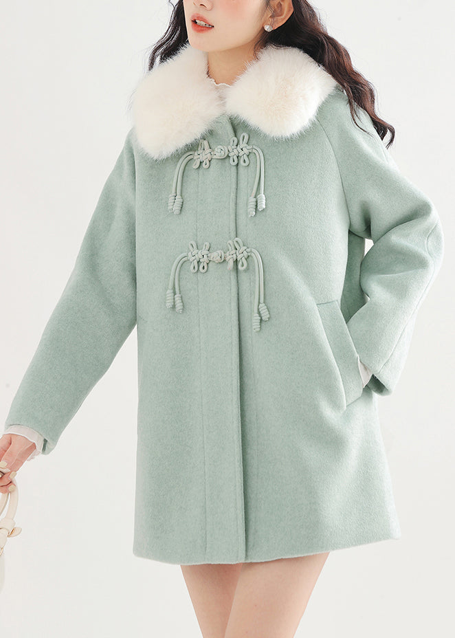 Lake Green Fur Collar Oversized Woolen Coat Winter