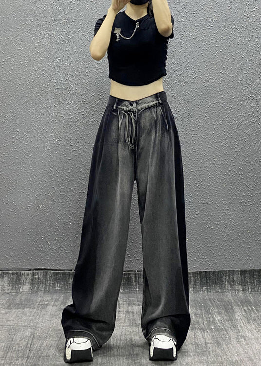 Black Grey Pockets Patchwork Denim Wide Leg Pants Fall