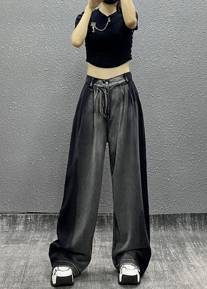Black Grey Pockets Patchwork Denim Wide Leg Pants Fall