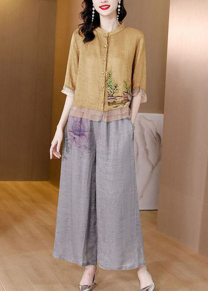Yellow Embroideried Patchwork Linen Two Pieces Set Summer