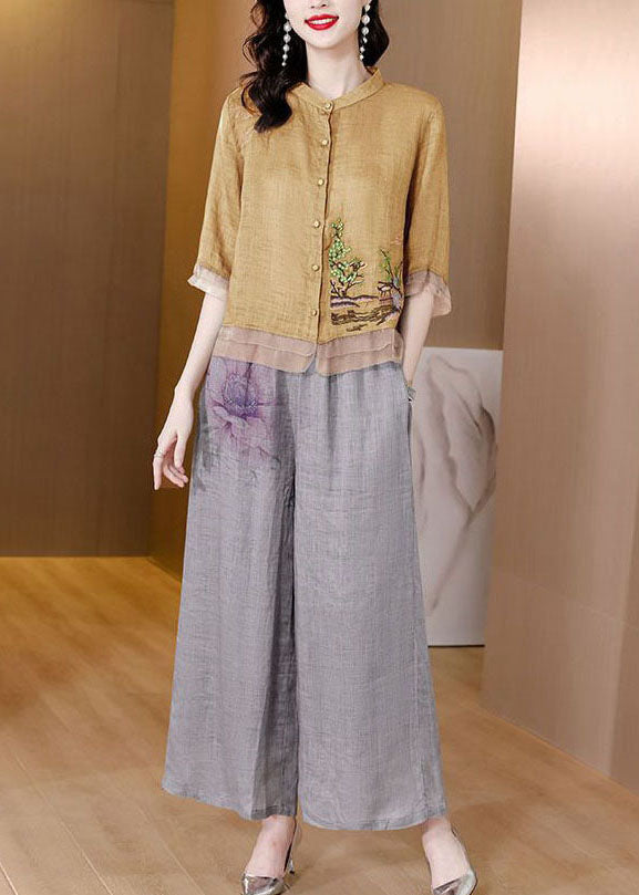 Yellow Embroideried Patchwork Linen Two Pieces Set Summer